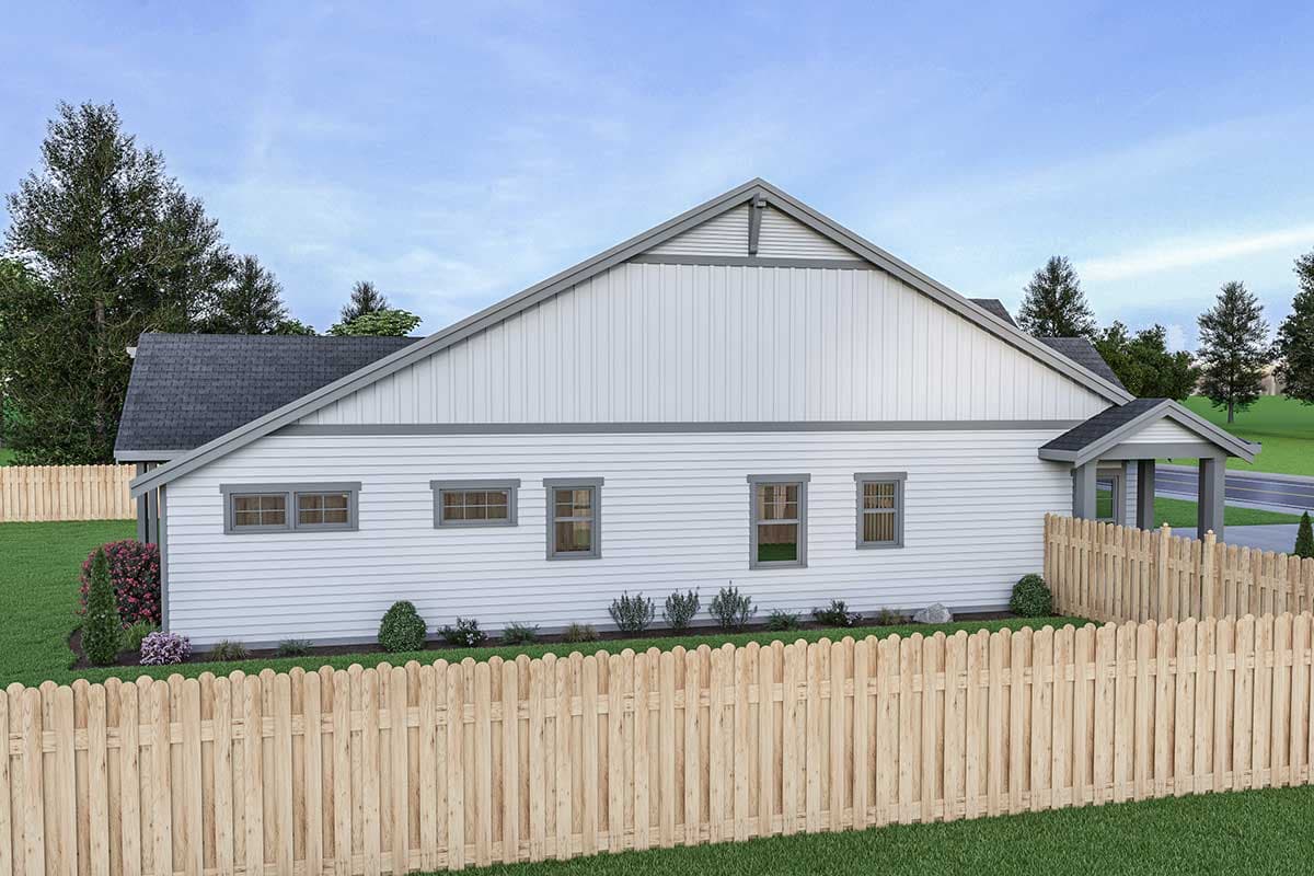 House plan exterior, white siding, gable roof with vertical siding accent, and covered porch.