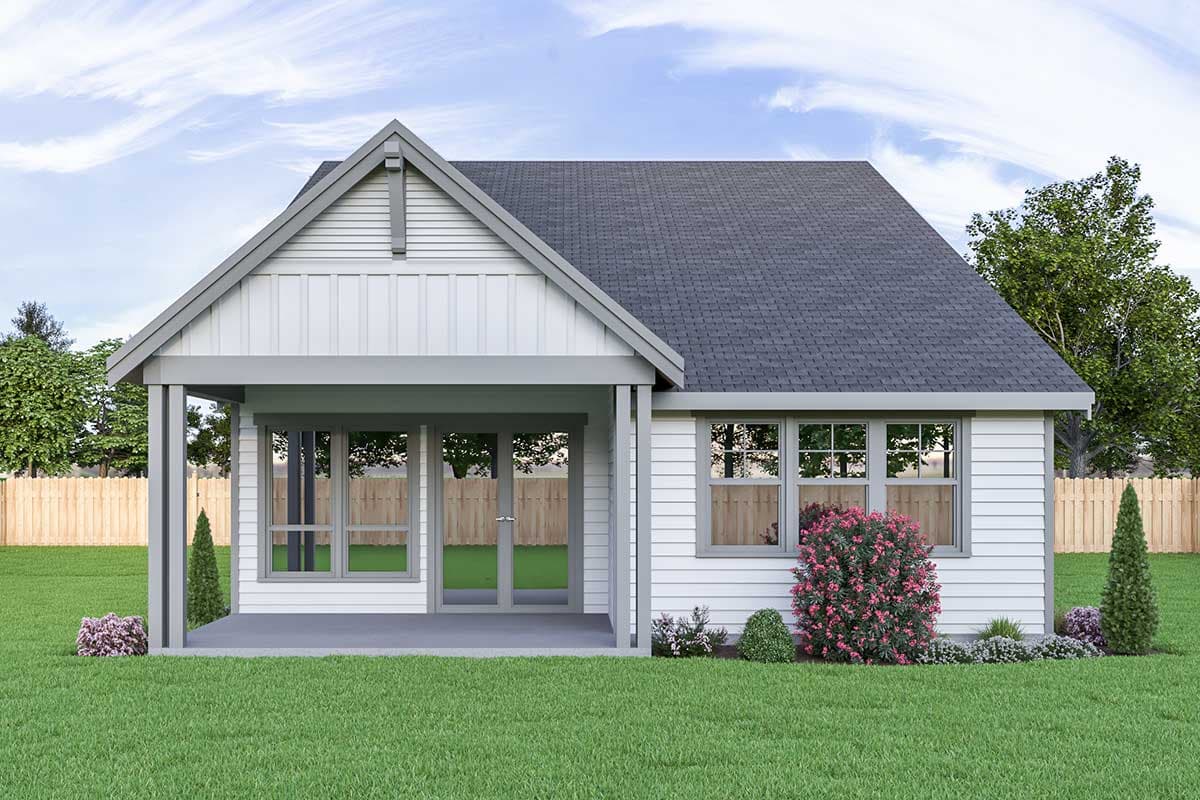 House plan exterior of a one-story Modern Farmhouse with a covered porch, board-and-batten siding, and a gable roof.