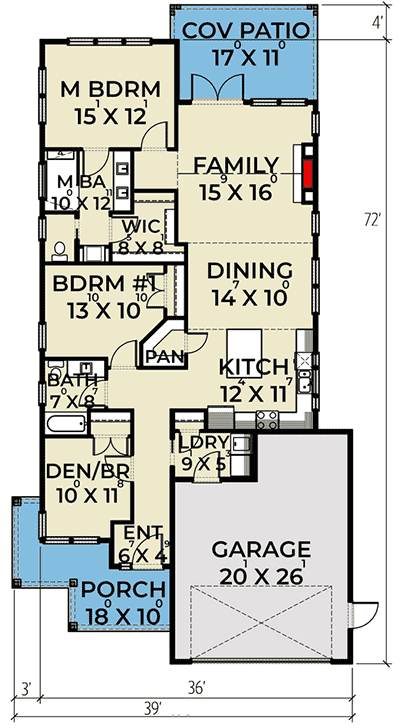 Plan 280073JWD: Under 40'-wide House Plan with 2 or 3 Beds - Floor Plan - Main Level - Country, Craftsman, New American
