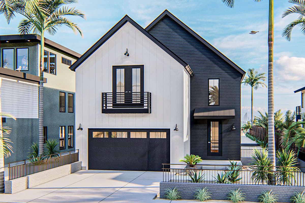 House plan exterior. Modern farmhouse style with vertical siding, balcony, two-car garage, and a gable roof.