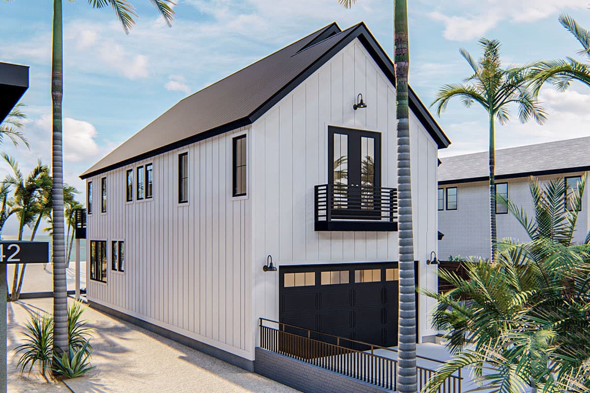 Modern Farmhouse house plan exterior with white board-and-batten siding, black gables, garage door, and balcony.