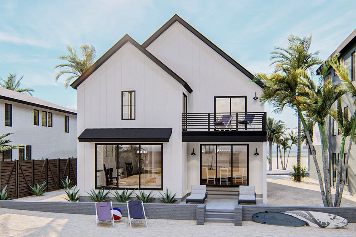 Modern Farmhouse house plan exterior with two stories, board and batten siding, and a second-story balcony.