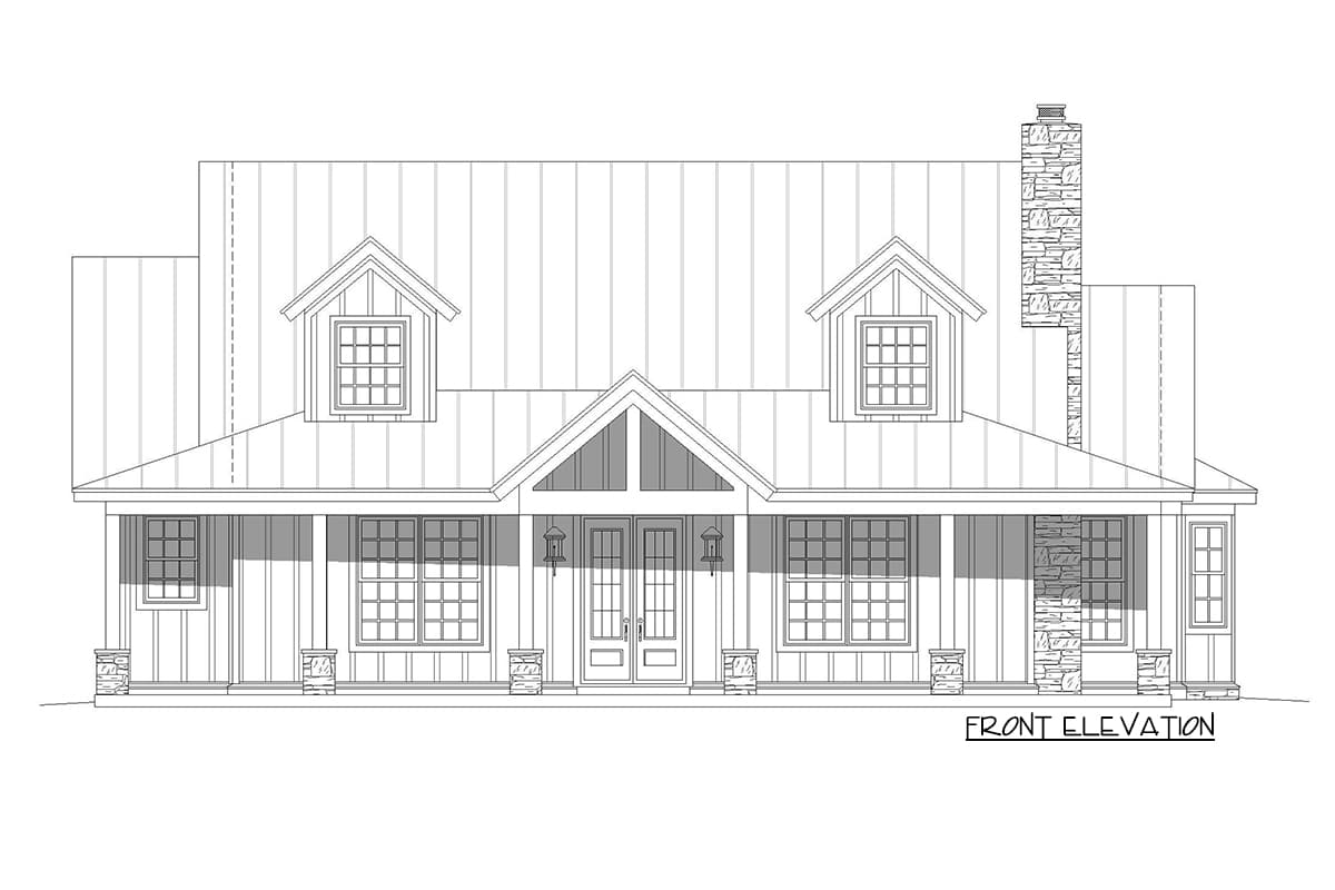 Front elevation house plan with gabled dormers, a wide porch supported by stone columns, and a stone chimney.