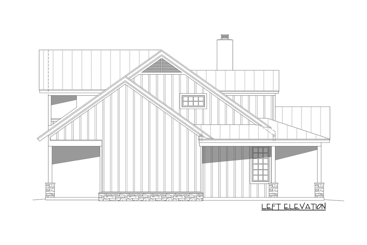 Left elevation of a house plan featuring vertical siding, a gabled roof, dormer window, and covered porch with stone pillars.