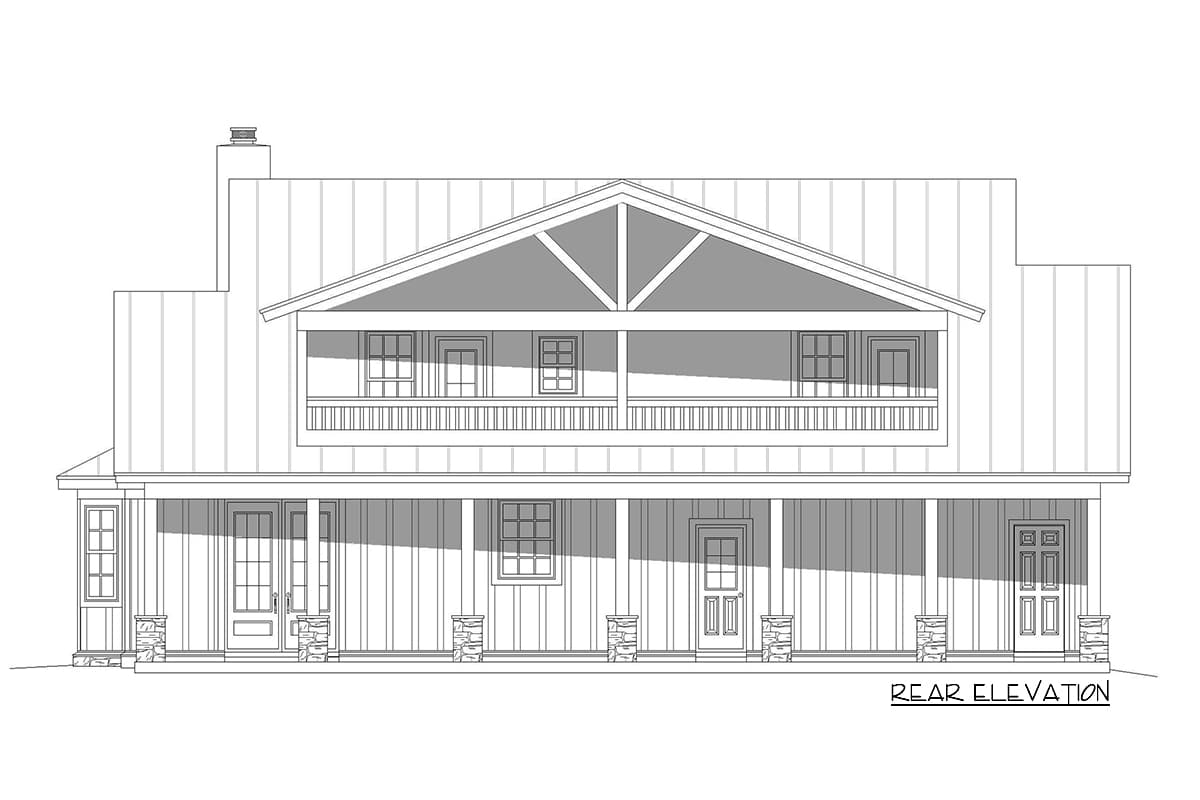 Rear elevation of a two-story house plan featuring a wide wrap-around porch, upper balcony, prominent gable, and stone-clad porch columns.