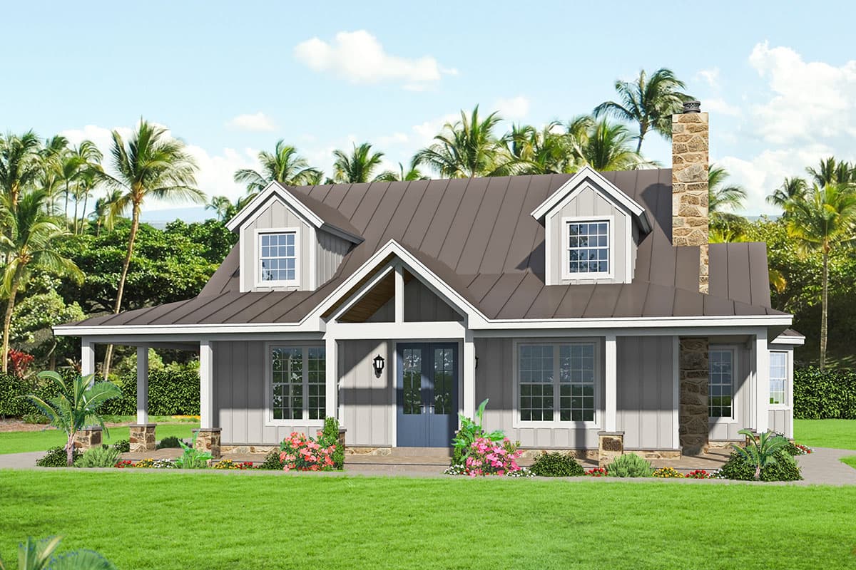House plan exterior. Craftsman style, single story. Features include a covered front porch, gable roof dormers, and stone chimney.