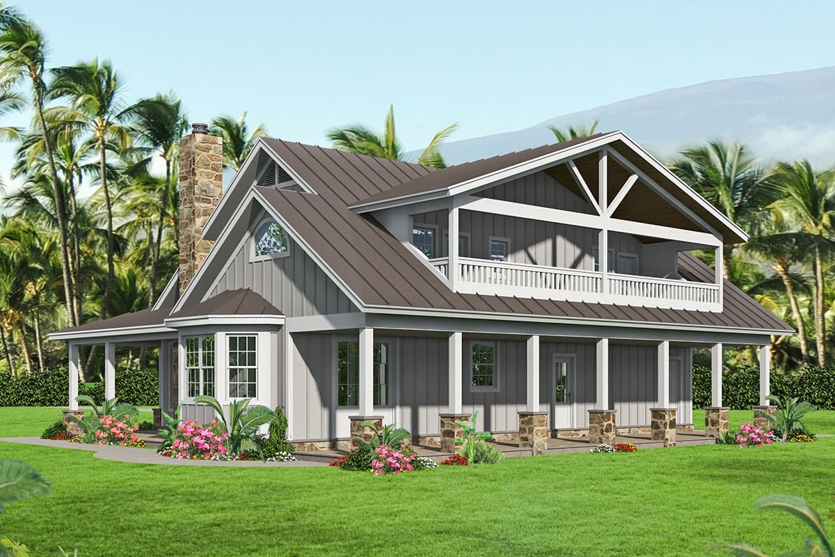 House plan exterior of a two-story home with a wraparound porch, metal roof, prominent stone chimney, and upper-level balcony.