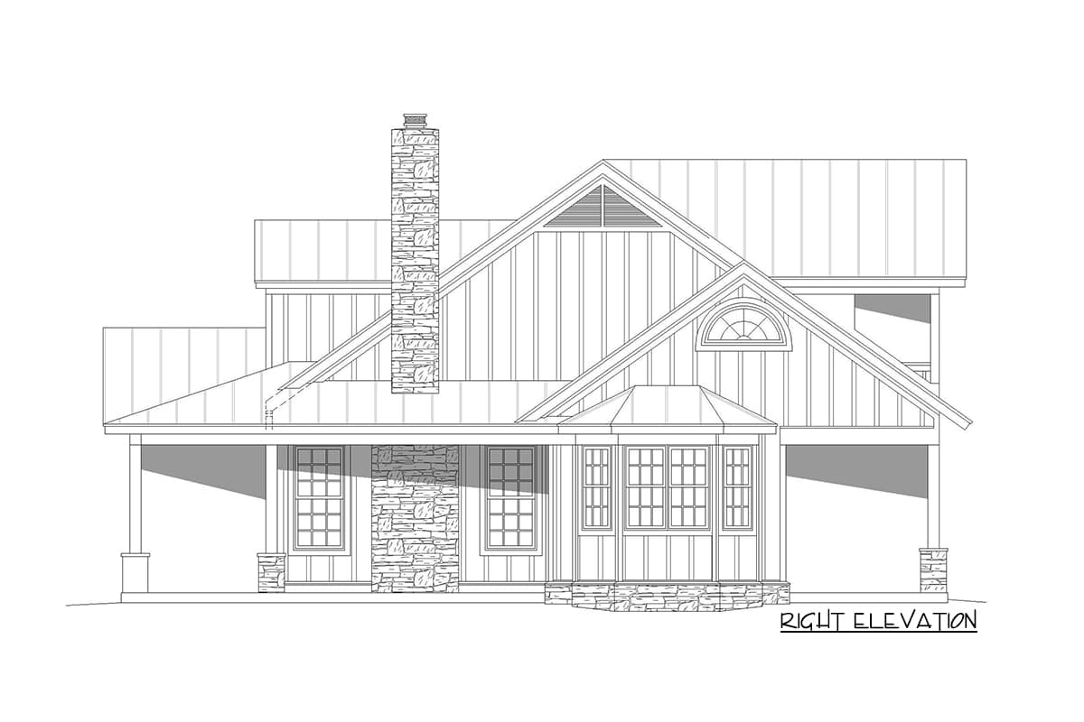 Right elevation house plan with stone chimney, gabled dormers, and covered porch.