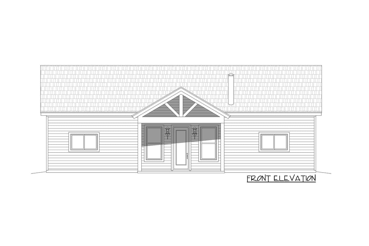 Front elevation drawing of a one-story house with a gabled entry porch, lap siding, and two windows on either side of the entrance.