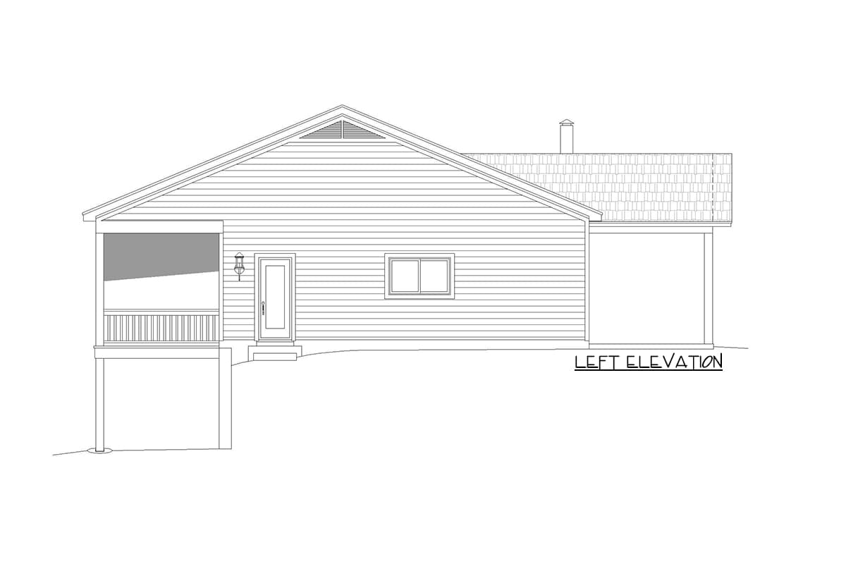 Left elevation drawing of a ranch house plan with a covered porch and attached garage.