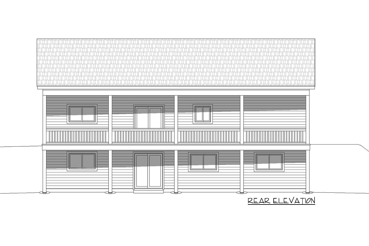 Rear elevation drawing of a two-story house with double porches, horizontal siding, and a shingled roof.