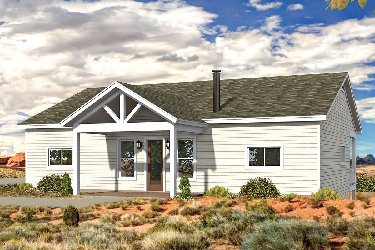 House plan exterior. Ranch-style home with a single story, a covered porch, gabled roof, and a chimney.