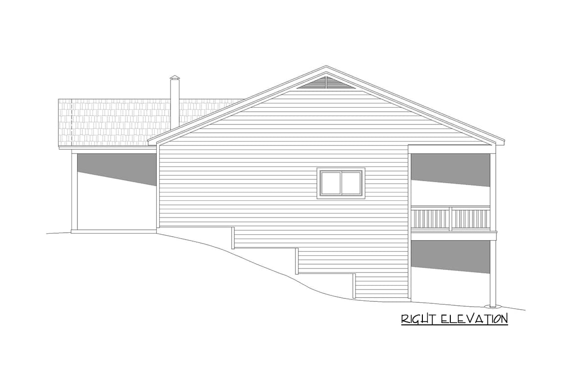 Right elevation drawing of a house with gabled roof, single window, front porch, and lower level.