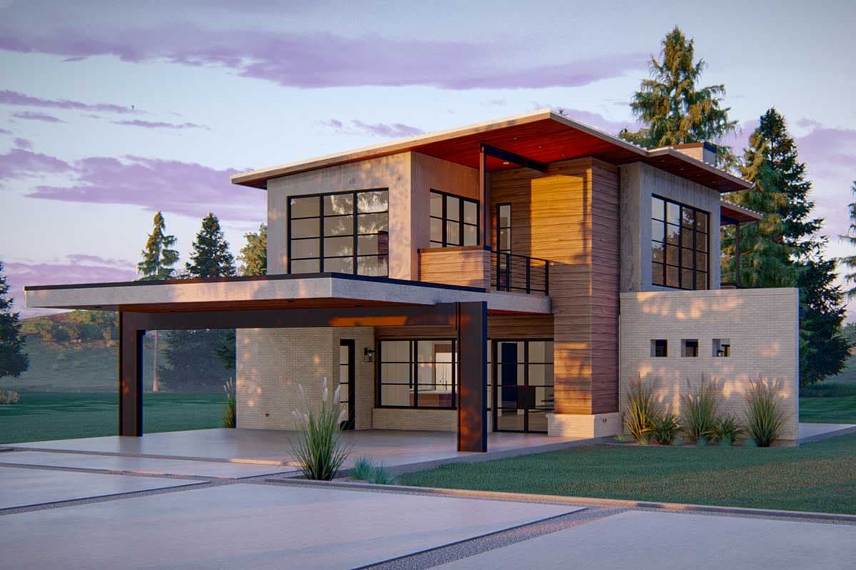 Modern house plan exterior with two stories, cantilevered carport, wood siding, and large grid windows.
