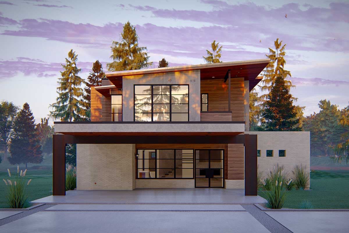 Modern house plan exterior with asymmetrical rooflines, large windows, wood siding, and brick.