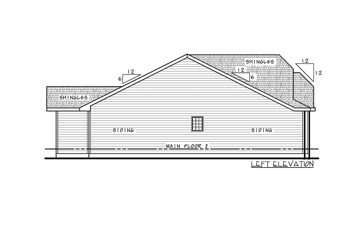Left elevation house plan showing siding, shingles, and a single window on the main floor.