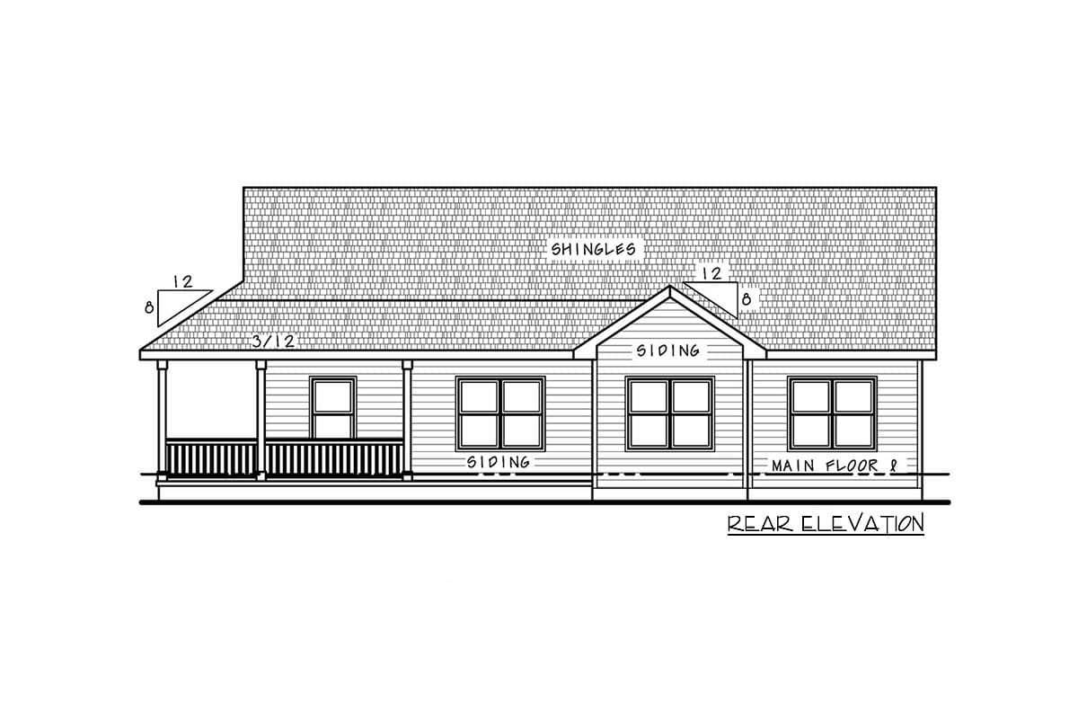 Rear elevation house plan with a prominent covered porch, siding, and gabled roof with shingles.