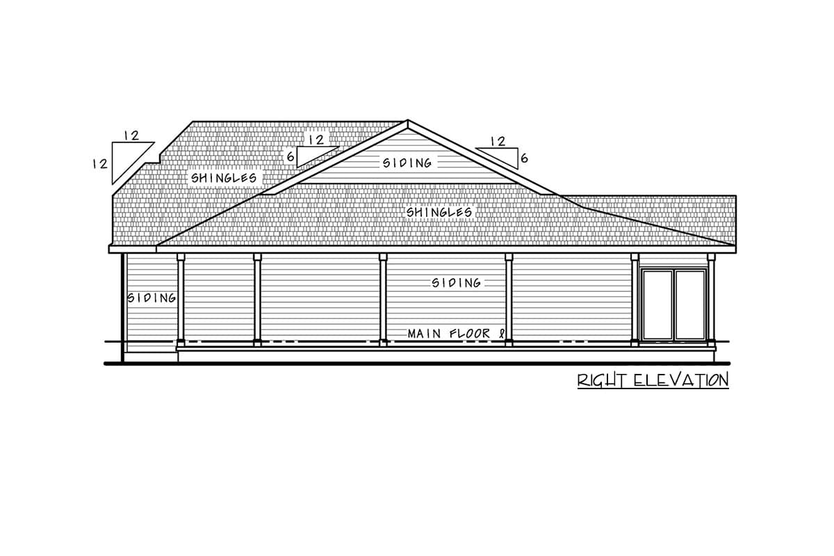 Right elevation house plan showing siding, a covered porch with columns, and a gabled roof with shingles.