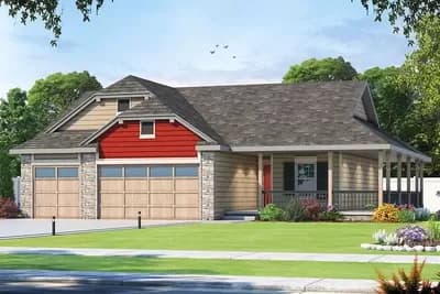 Split Bedroom One-Story House Plan with Side Wraparound Porch - 1359 Sq Ft