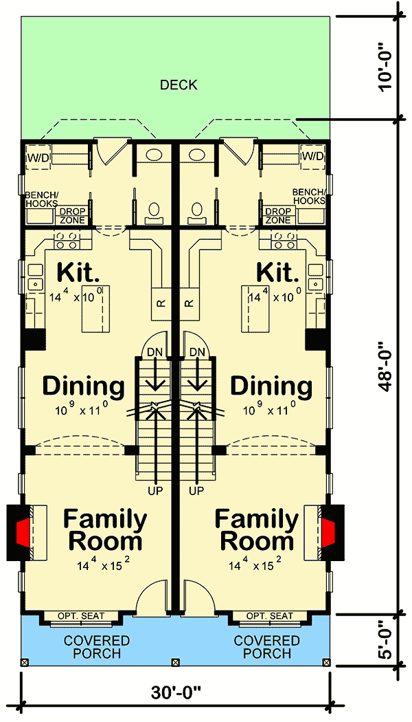 Plan 42629DB: Two-Family House Plan for a 30'-Wide Lot - 1399 Sq Ft Units with 2 Beds Each - Floor Plan - Main Level - Country, Farmhouse, Traditional