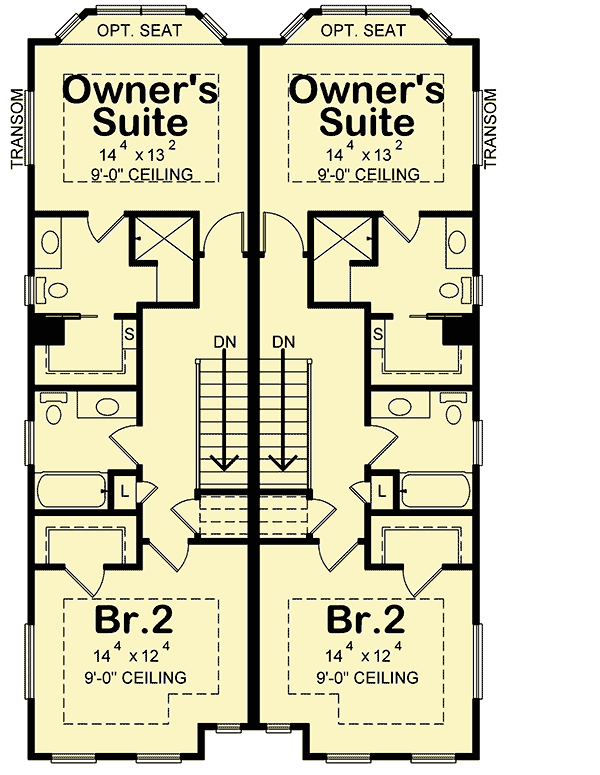 Plan 42629DB: Two-Family House Plan for a 30'-Wide Lot - 1399 Sq Ft Units with 2 Beds Each - Floor Plan - 2nd Floor - Country, Farmhouse, Traditional