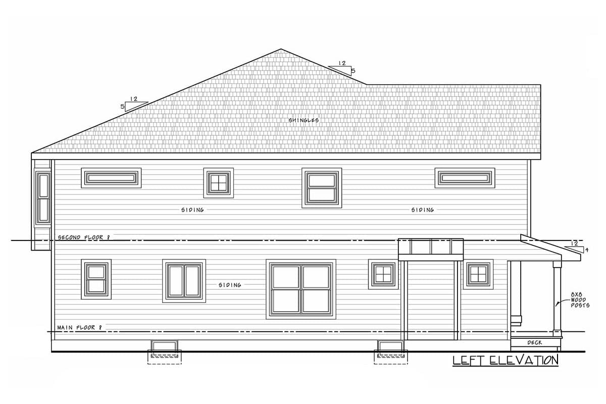 Left elevation house plan showing two stories with siding, multiple windows, and a covered deck with wood posts.