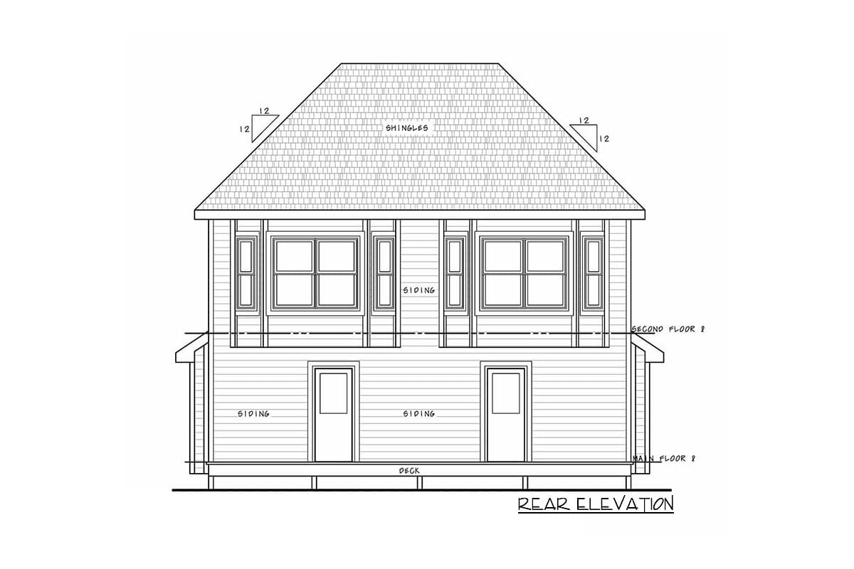 Rear elevation drawing of a two-story house plan with siding, two doors on main floor, deck, and double-hung windows on second floor.