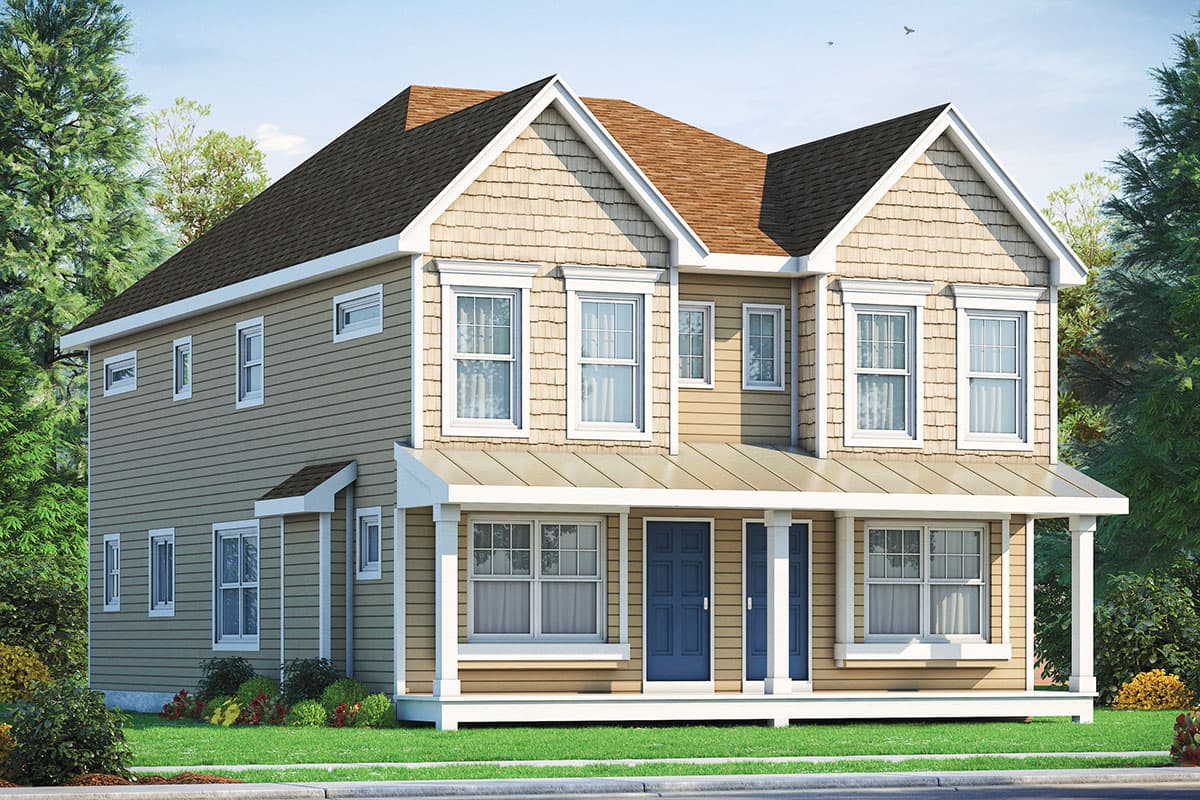 House plan exterior. Two-story home with Craftsman details, featuring a covered porch, multiple gables, and shake siding.