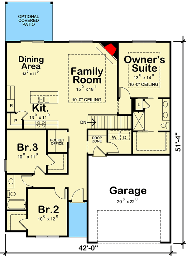 Plan 42631DB: Traditional Ranch House Plan with Split Bedrooms - 1603 Sq Ft - Floor Plan - Main Level - Ranch, Traditional