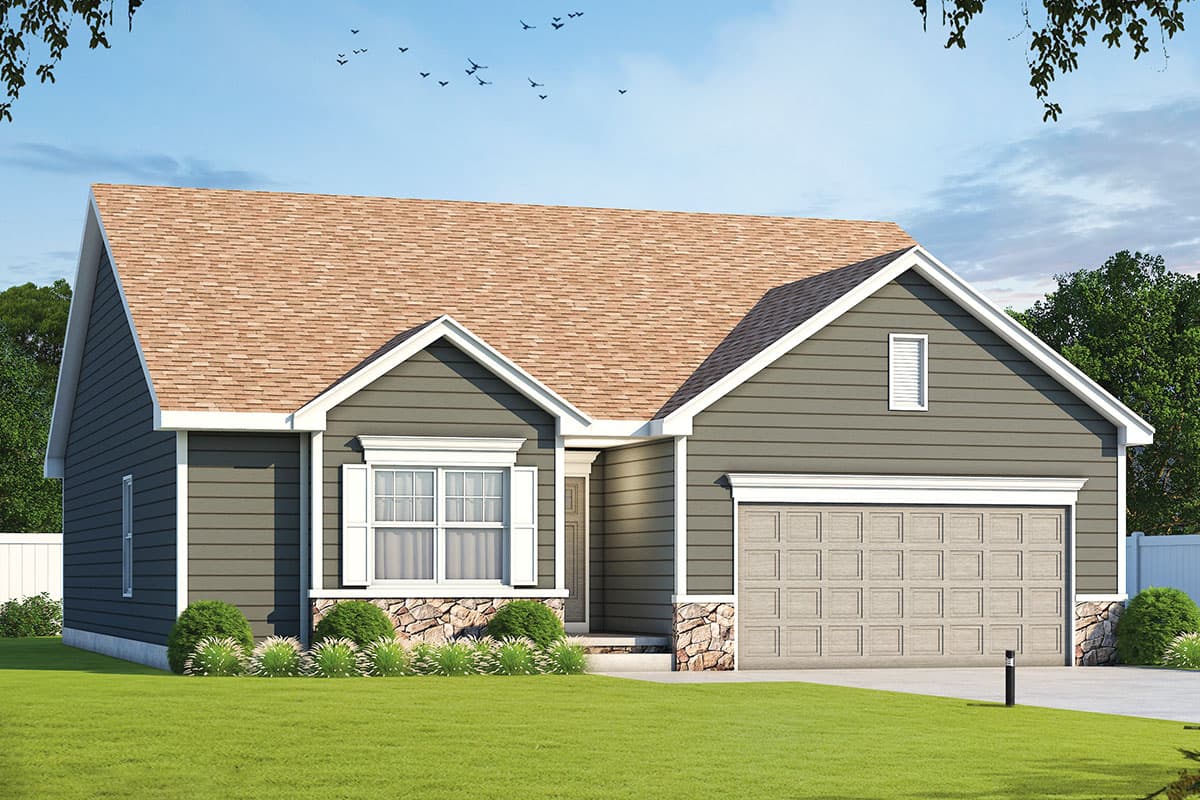 House plan exterior. Ranch style with a gabled roof, stone accents, and an attached two-car garage. Features a small dormer.