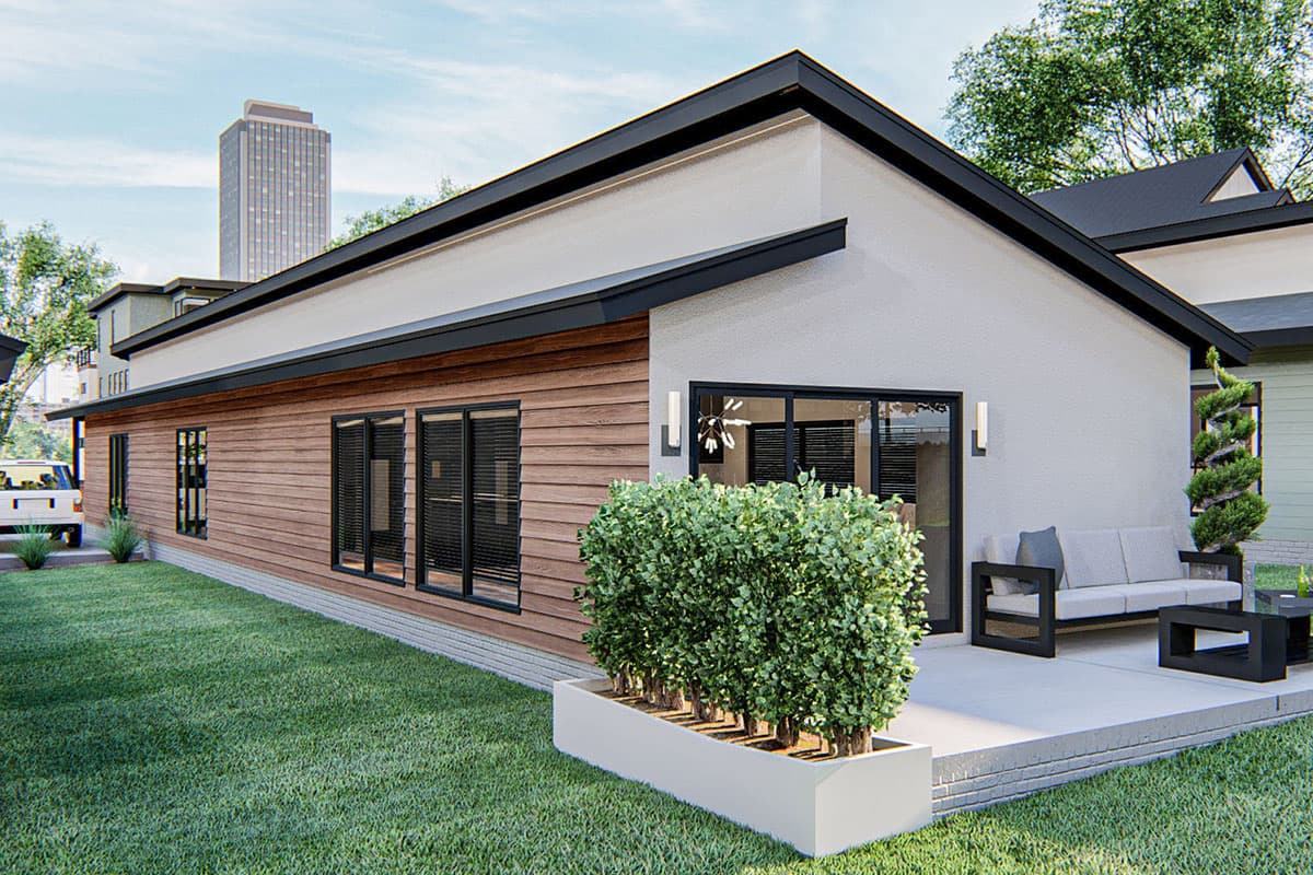 Modern house plan exterior, single-story, with horizontal wood siding, stucco, flat roof, and large windows.