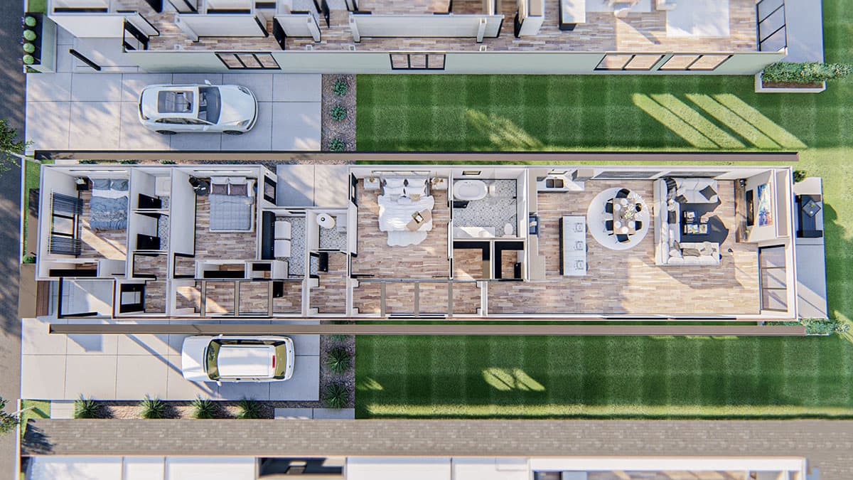 Plan 62865DJ: 20'-Wide House Plan with 3 Bedrooms - Floor Plan - Main Floor - Dollhouse View - Contemporary, Northwest, Prairie