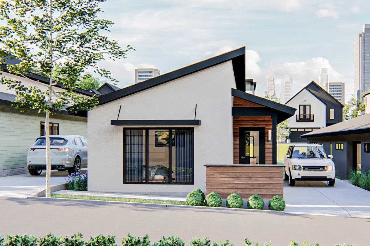 House plan exterior with modern style, one story, and a shed roof. Features include black trim, a wood-clad entry, and a minimalist design.