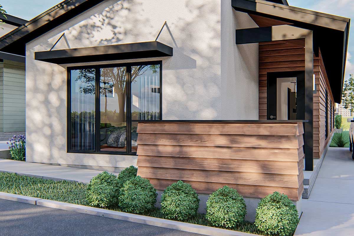 House plan exterior, modern style, stucco and wood siding, large window with black frame, pitched rooflines.