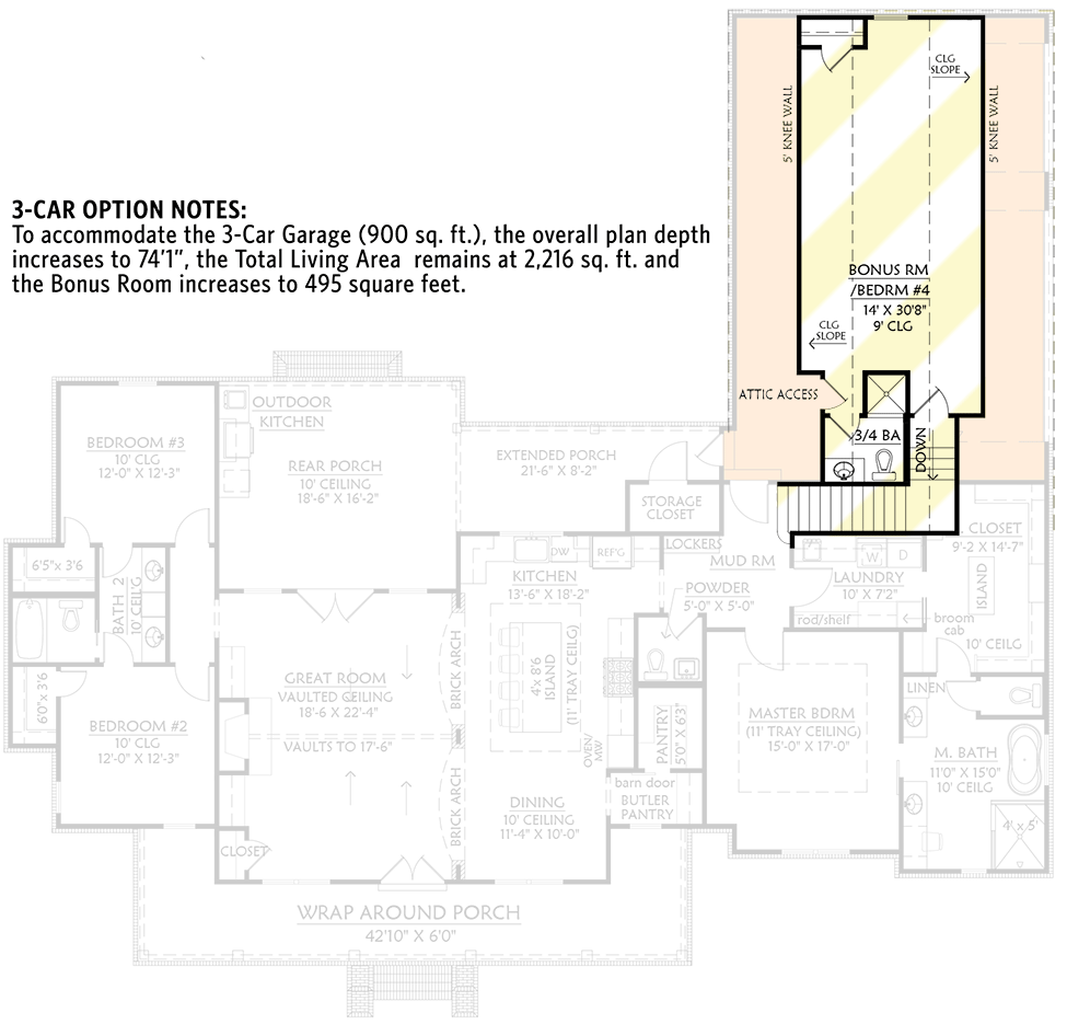 Plan 56467SM: 3-Bedroom Modern Farmhouse with Wrap-Around Front Porch - 2216 Sq Ft - Floor Plan - Bonus Level - 3-Car Garage Version - Country, Modern Farmhouse, New American, Traditional