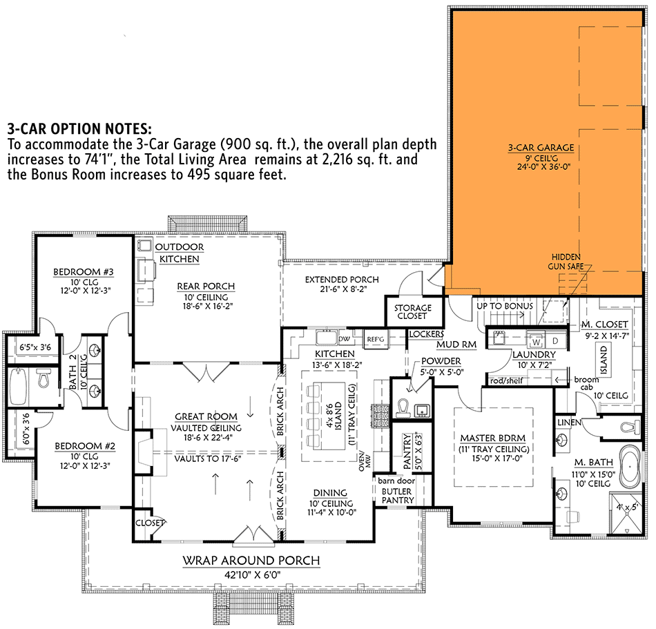 Plan 56467SM: 3-Bedroom Modern Farmhouse with Wrap-Around Front Porch - 2216 Sq Ft - Floor Plan - Main Level - 3-Car Garage Version - Country, Modern Farmhouse, New American, Traditional