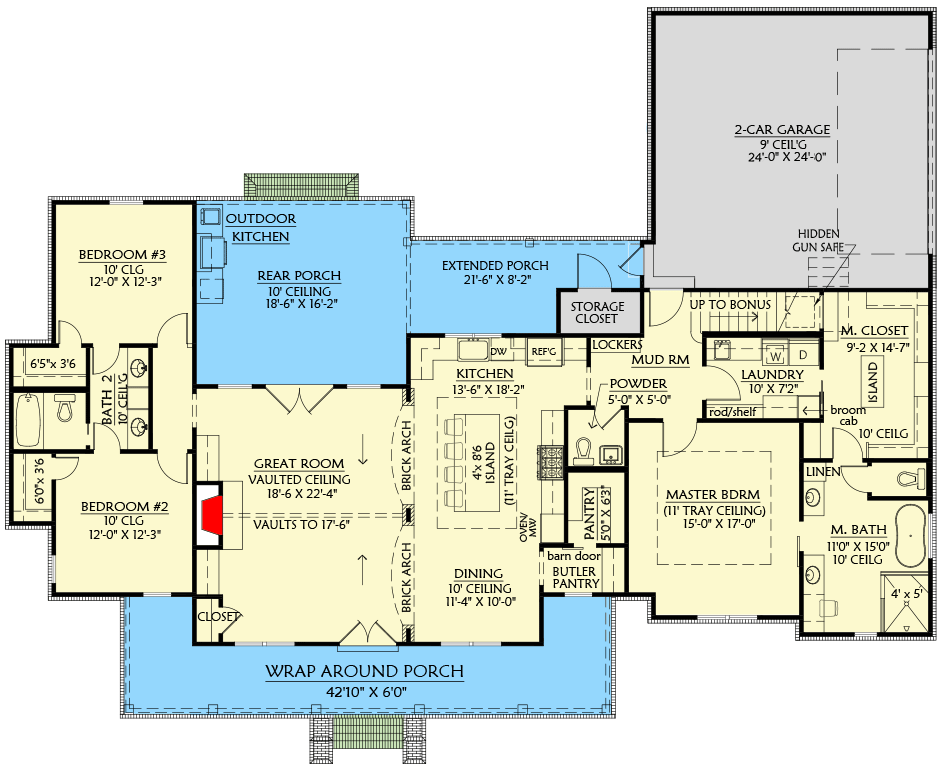 Plan 56467SM: 3-Bedroom Modern Farmhouse with Wrap-Around Front Porch - 2216 Sq Ft - Floor Plan - Main Level - Garage Version - Country, Modern Farmhouse, New American, Traditional