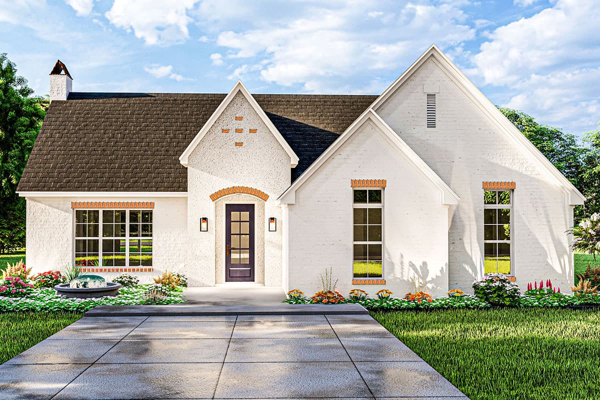 House plan exterior with brick accents, multiple gables, and a dark shingle roof. Features include an arched front door and tall windows.