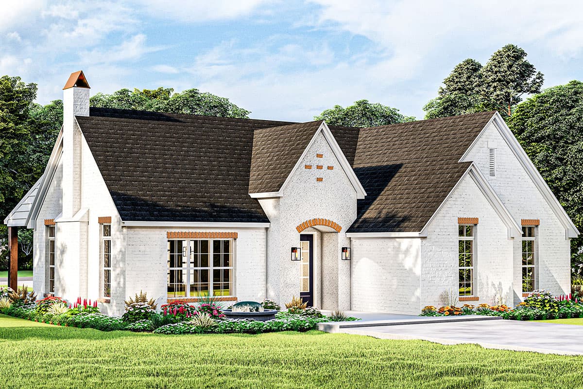 House plan exterior: One-story Modern Farmhouse with white brick, prominent gables, arched entry, and large windows.