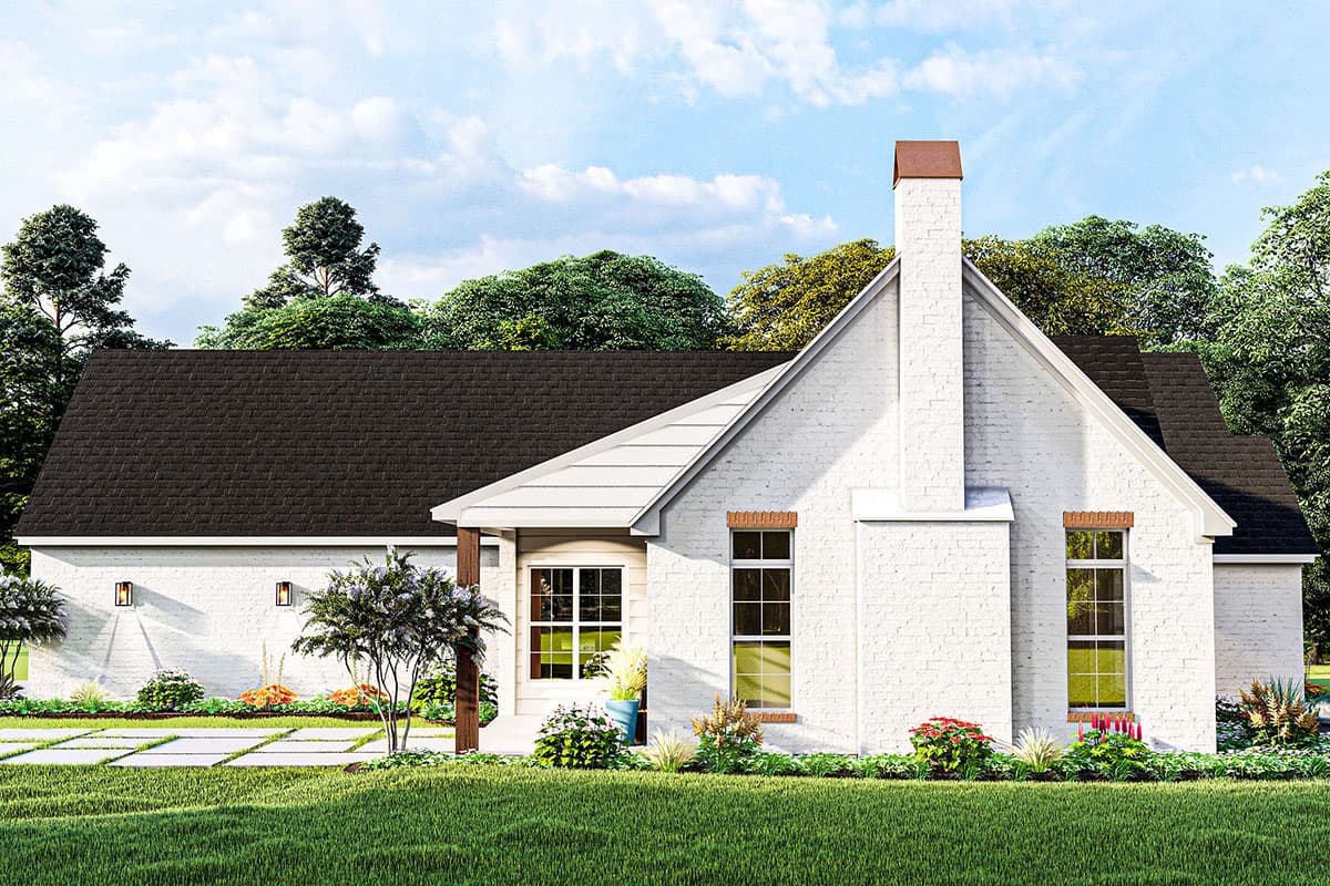 House plan exterior: Modern Farmhouse style, white brick, prominent gabled roof, large chimney, and covered porch.