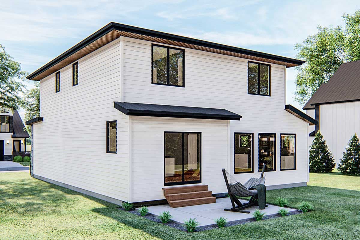 Modern house plan exterior: two stories, white siding, intersecting rooflines, prominent gables, and numerous black-framed windows.