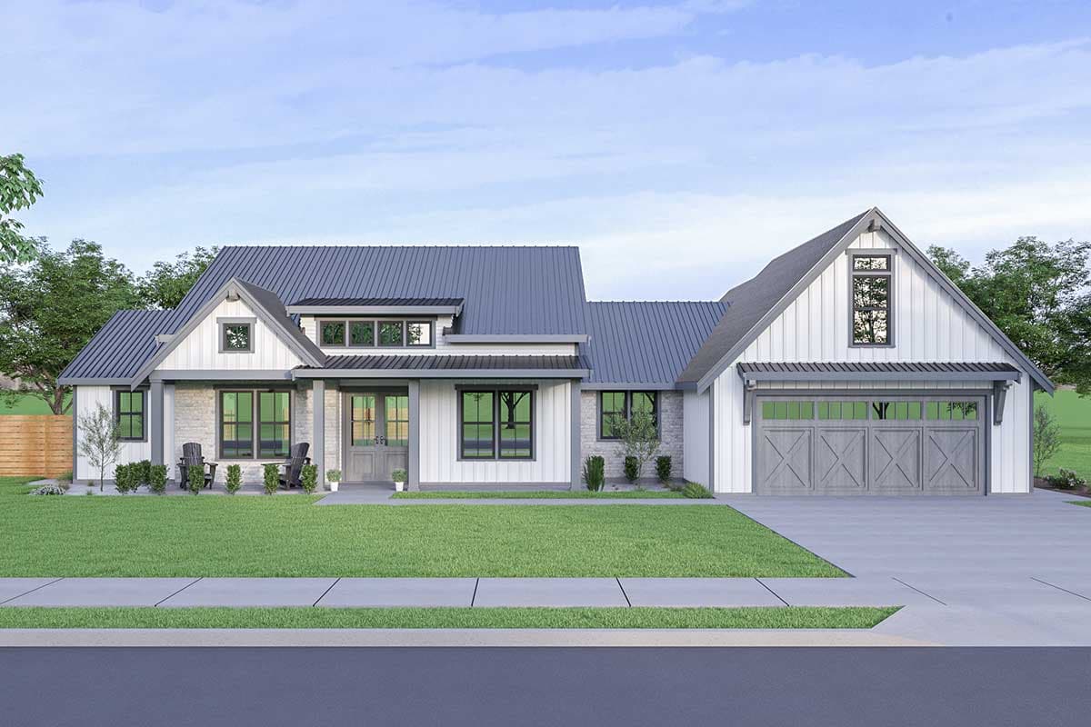 House plan exterior. Modern farmhouse style with gabled rooflines, a front porch, and an attached garage.