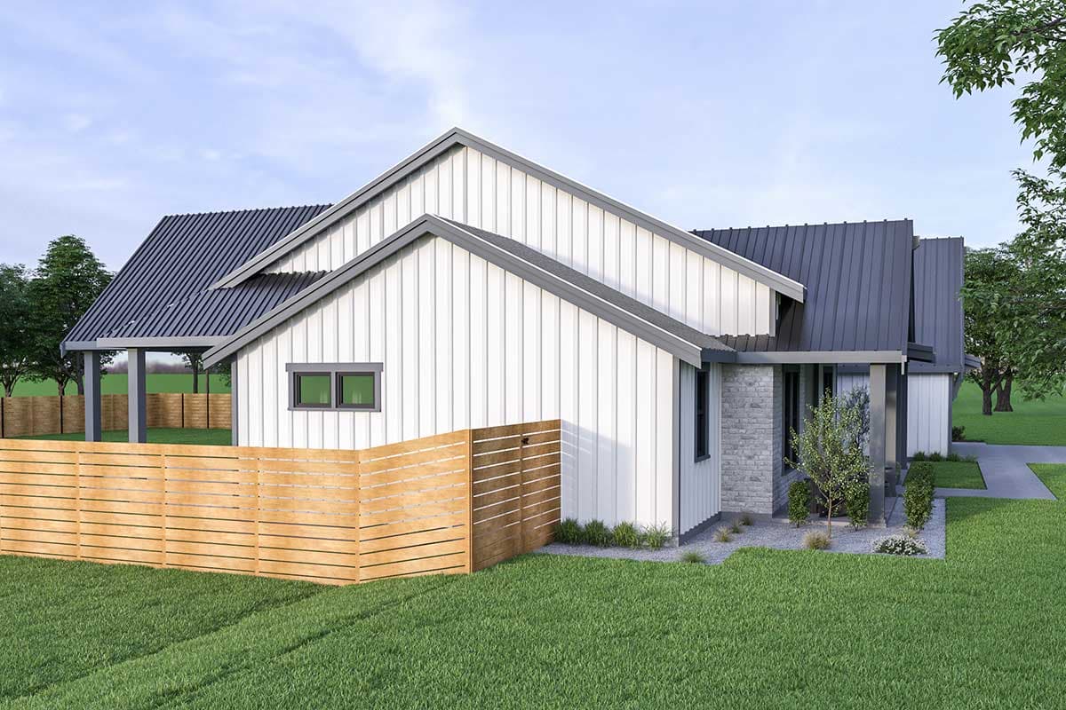 Modern Farmhouse house plan exterior with white board-and-batten siding, metal roof, stone accents, and a covered entryway.