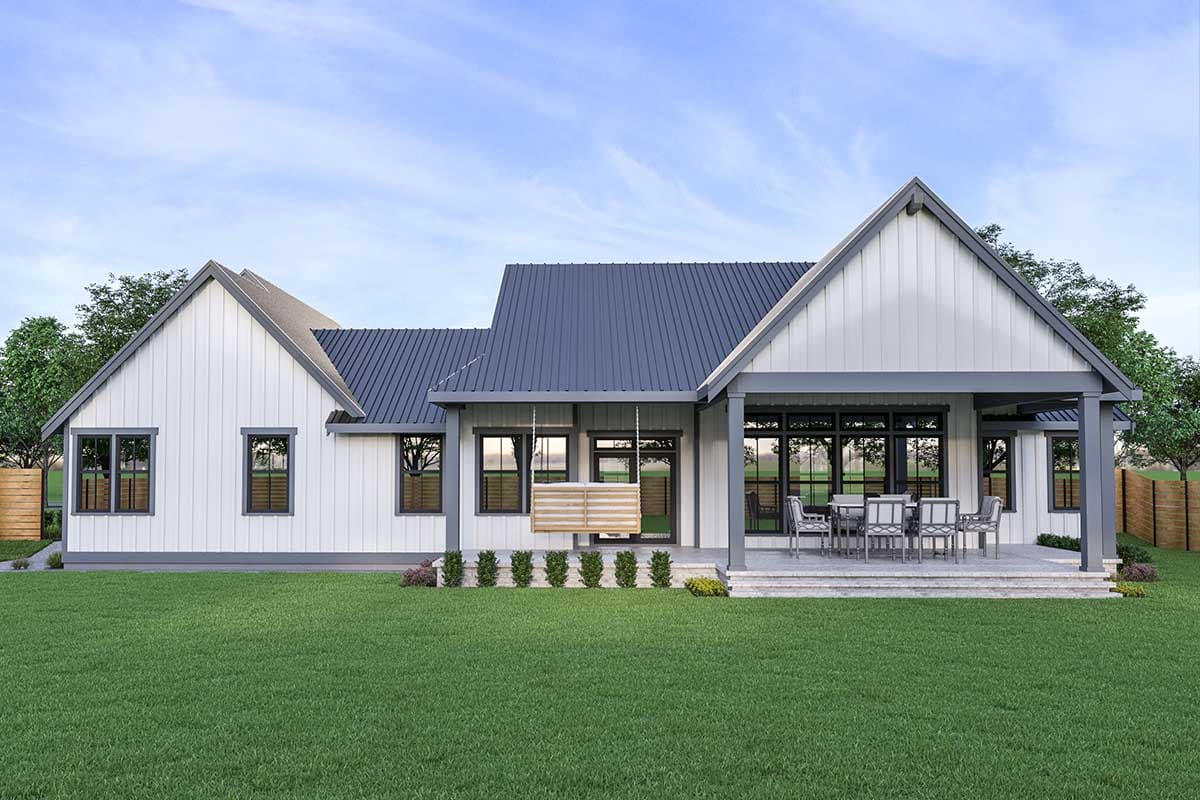 House plan exterior: Modern Farmhouse style, one-story with a metal gable roof, board and batten siding, and covered patio with outdoor seating.