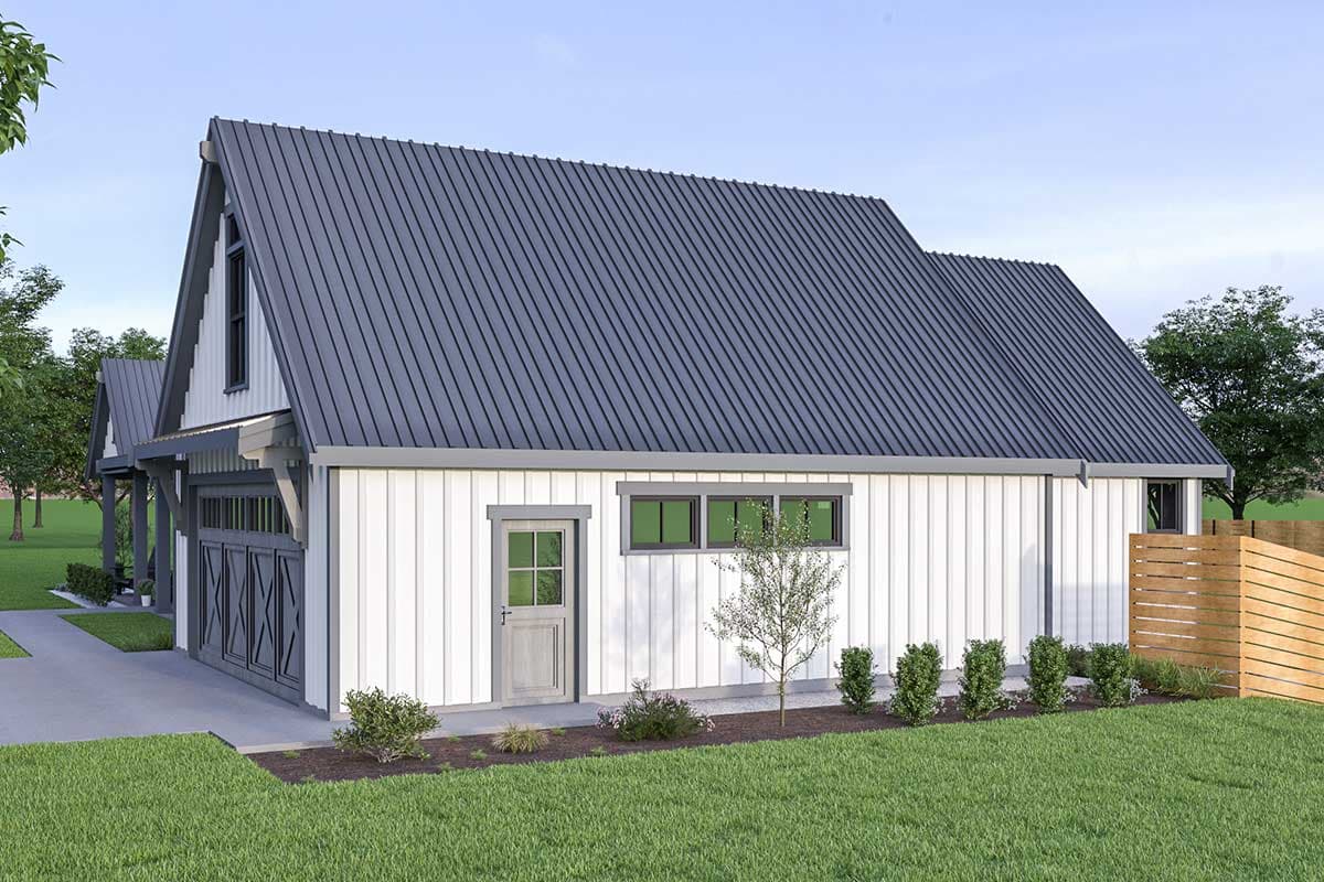 Modern Farmhouse house plan exterior with metal gable roof, white board and batten siding, and a two-car garage.