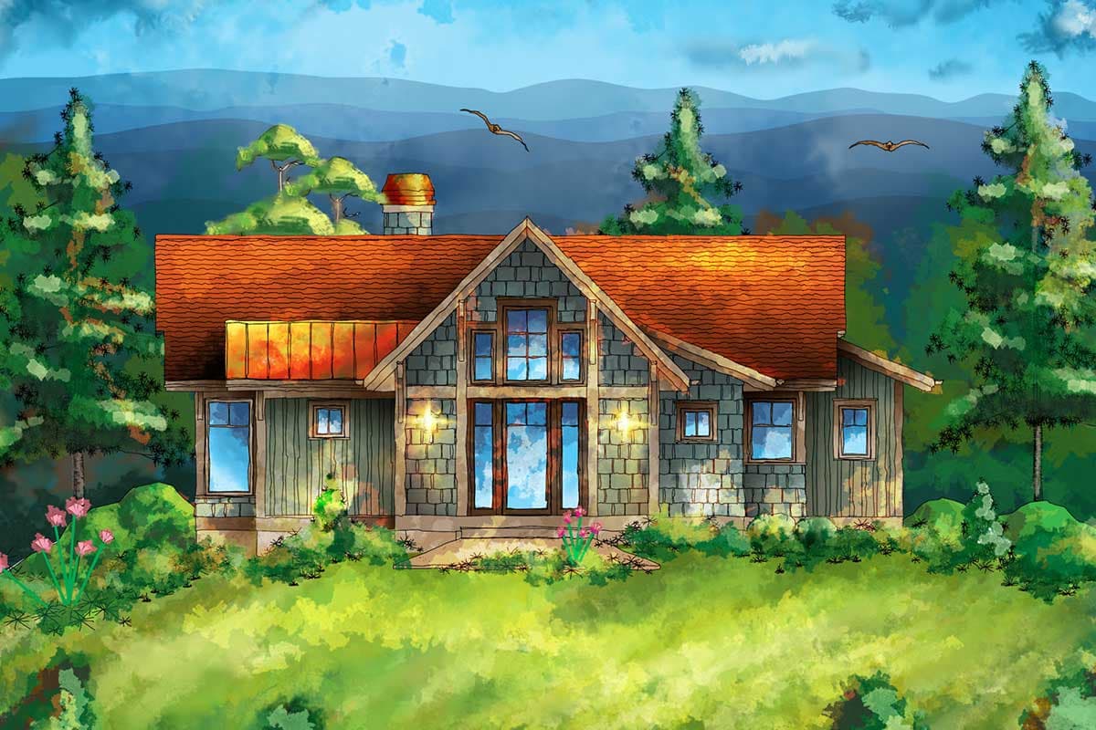 House plan exterior. Two-story home with gabled roof, stone facade, and large central window feature. Features include a copper roof accent.