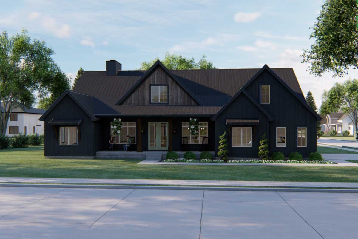 Modern Farmhouse house plan exterior with dark siding, metal roof, gables, dormers, and a covered front porch.
