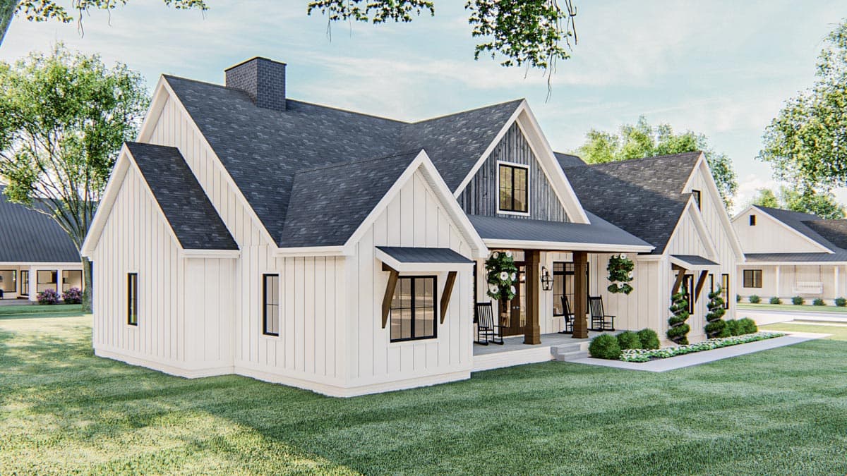 Modern Farmhouse style house plan exterior featuring a prominent gable, covered porch with columns, and vertical siding.