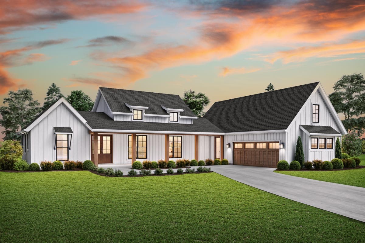 House plan exterior. Modern Farmhouse style with a two-story gable roof, dormers, and a detached garage. Includes a covered front porch.