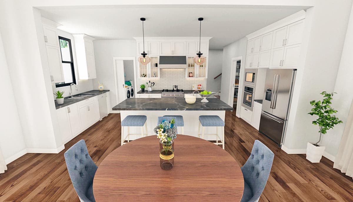 Kitchen and dining area rendering with island seating, white cabinets, stainless steel appliances, and a wooden dining table.